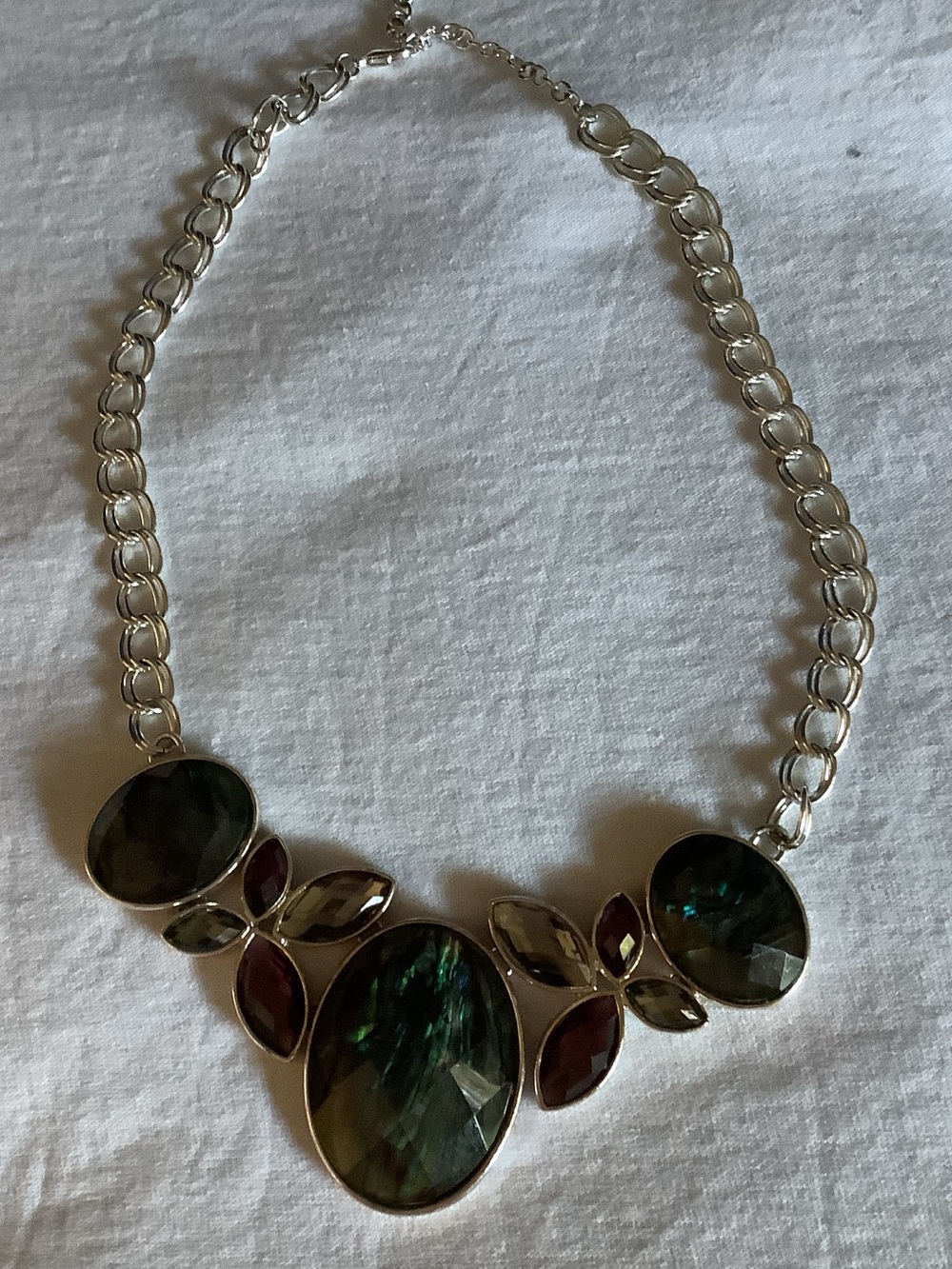 Silver-tone Statement Necklace with Green and Red Gem Accents
